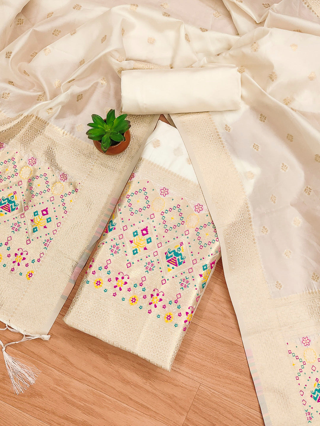 White Pure Soft Banarasi Silk Woven Design Unstitched Dress Material