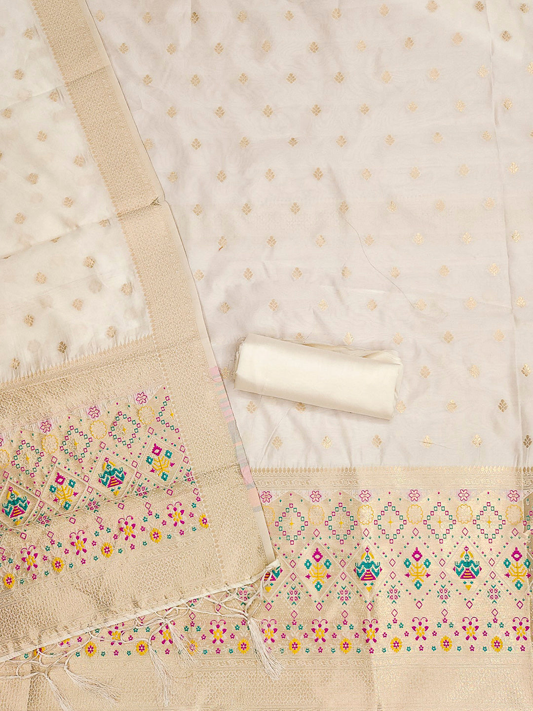 White Pure Soft Banarasi Silk Woven Design Unstitched Dress Material