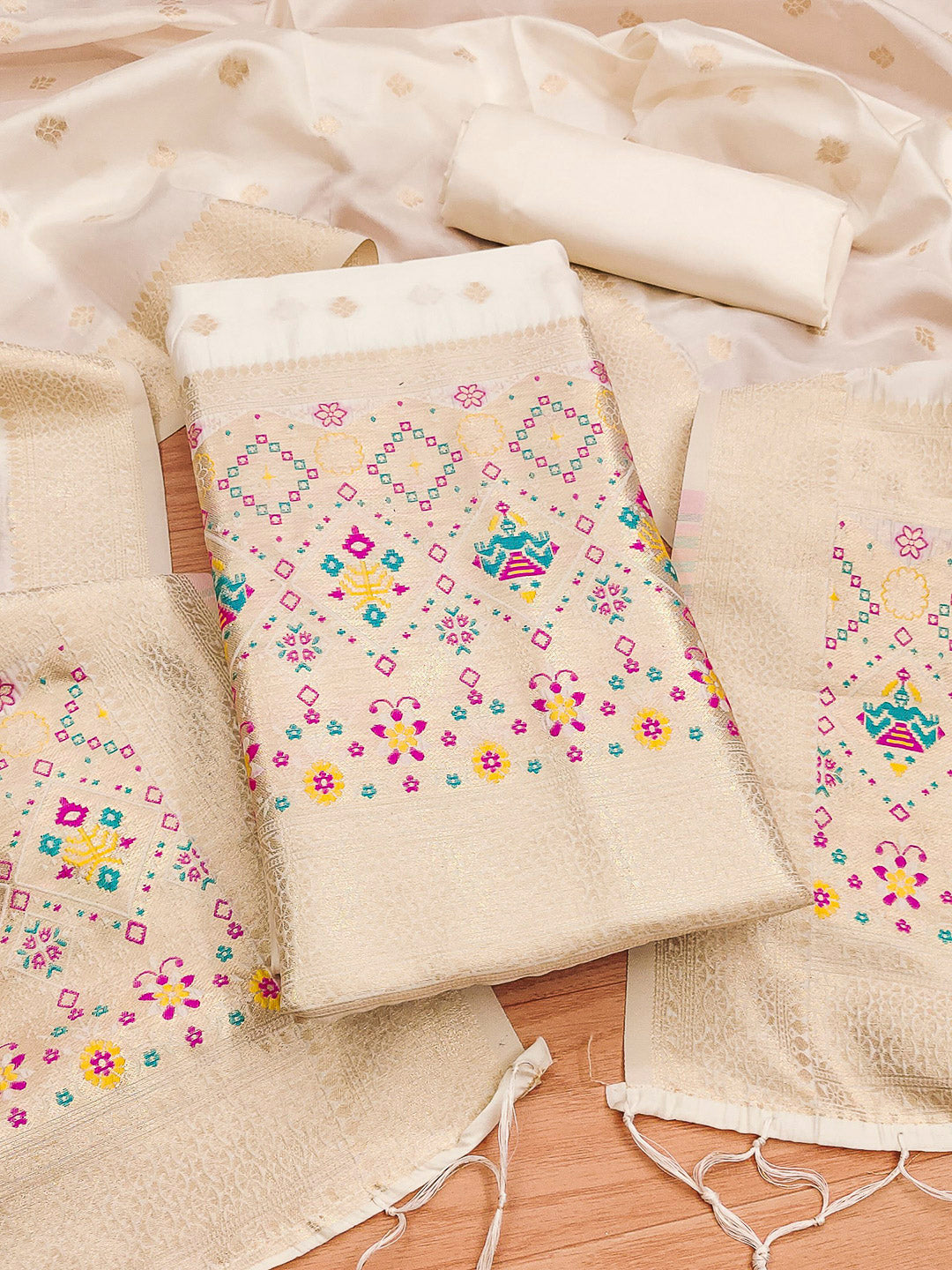 White Pure Soft Banarasi Silk Woven Design Unstitched Dress Material