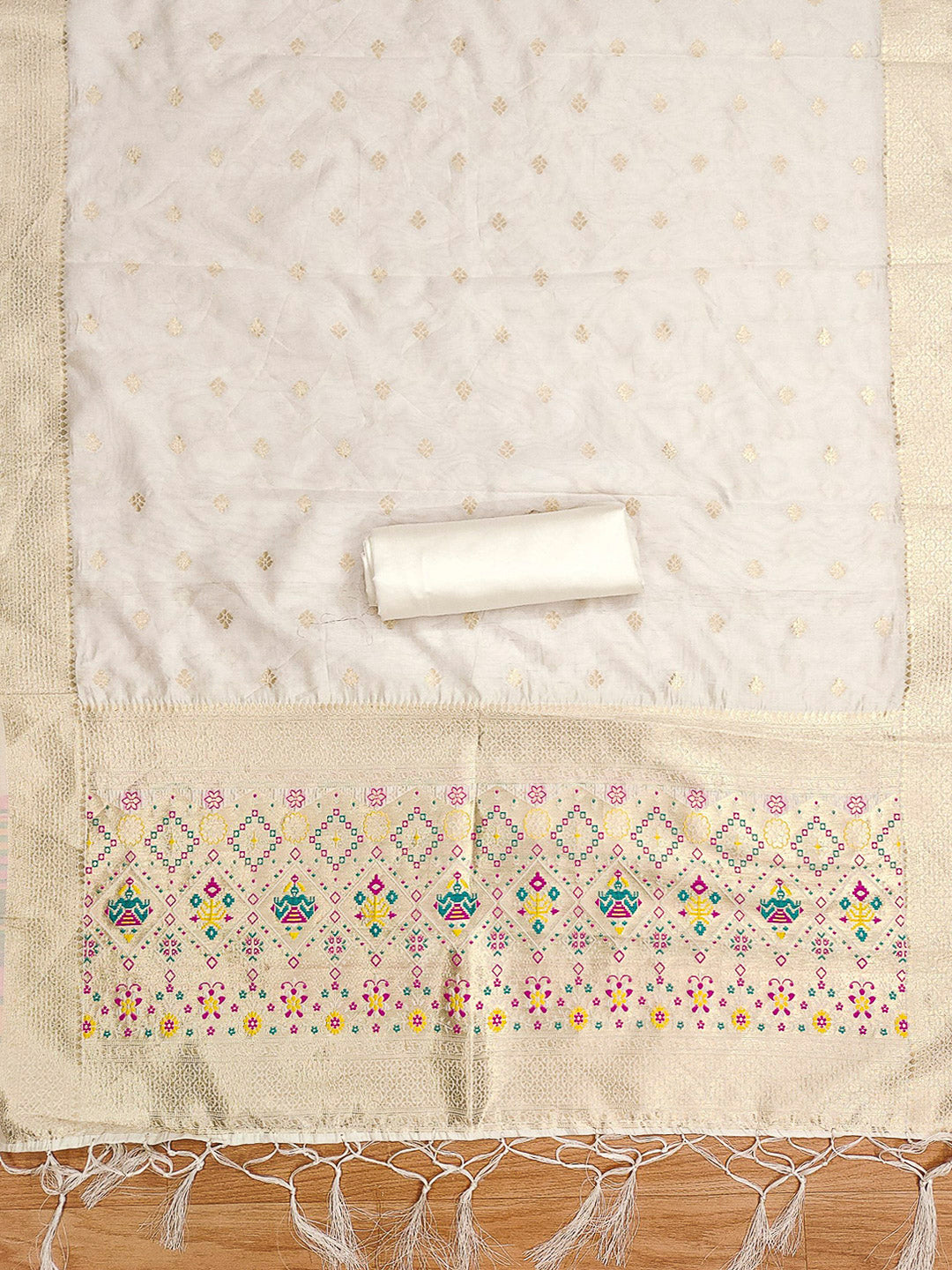 White Pure Soft Banarasi Silk Woven Design Unstitched Dress Material