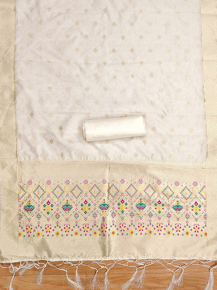 White Pure Soft Banarasi Silk Woven Design Unstitched Dress Material