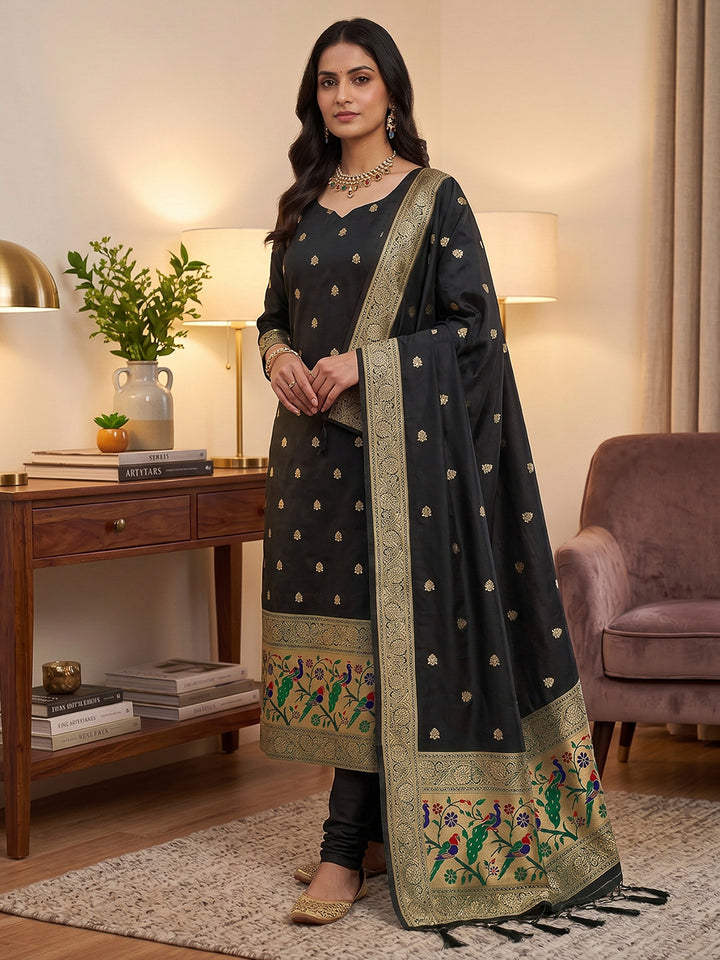 Black Pure Soft Banarasi Silk Woven Design Unstitched Dress Material