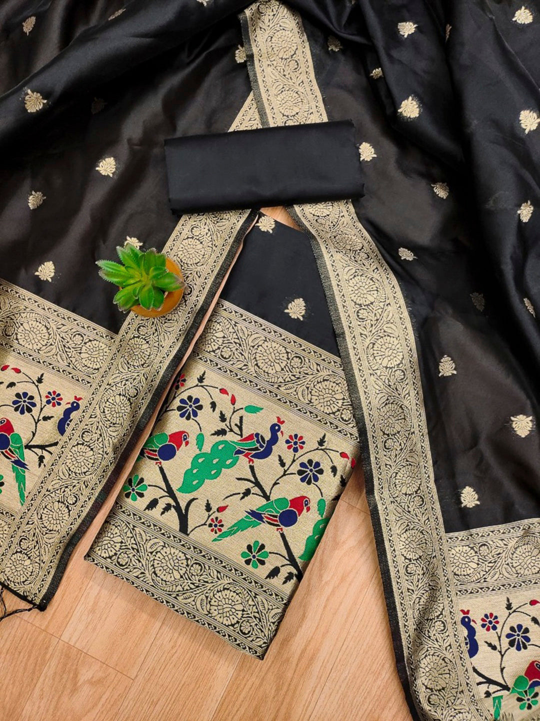 Black Pure Soft Banarasi Silk Woven Design Unstitched Dress Material