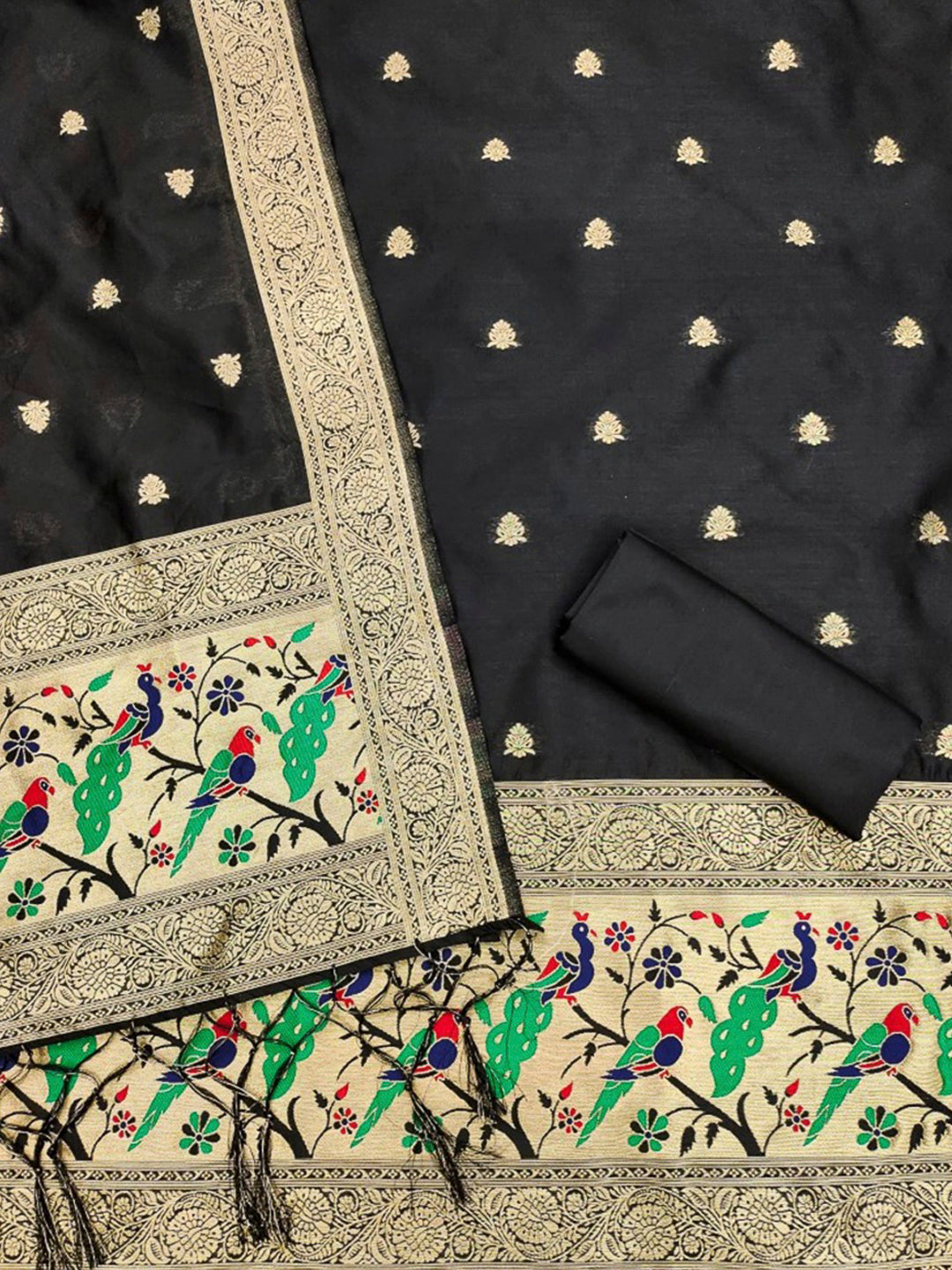 Black Pure Soft Banarasi Silk Woven Design Unstitched Dress Material