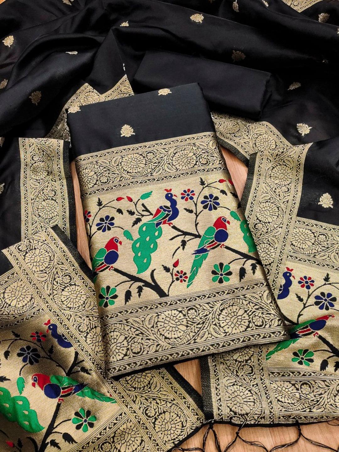 Black Pure Soft Banarasi Silk Woven Design Unstitched Dress Material