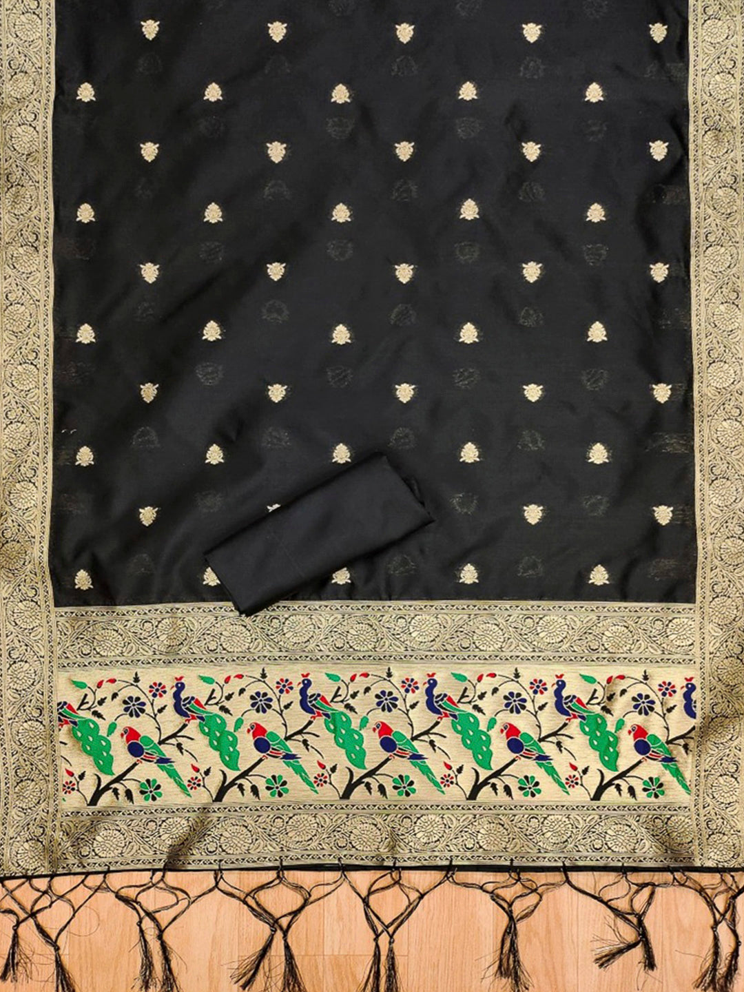 Black Pure Soft Banarasi Silk Woven Design Unstitched Dress Material