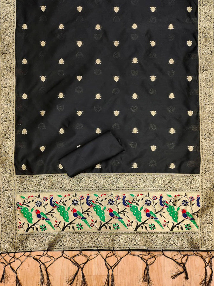 Black Pure Soft Banarasi Silk Woven Design Unstitched Dress Material