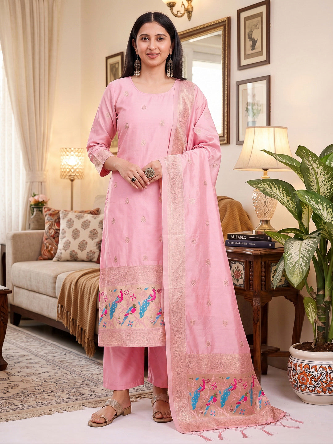 Pink-Lt Pure Soft Banarasi Silk Woven Design Unstitched Dress Material