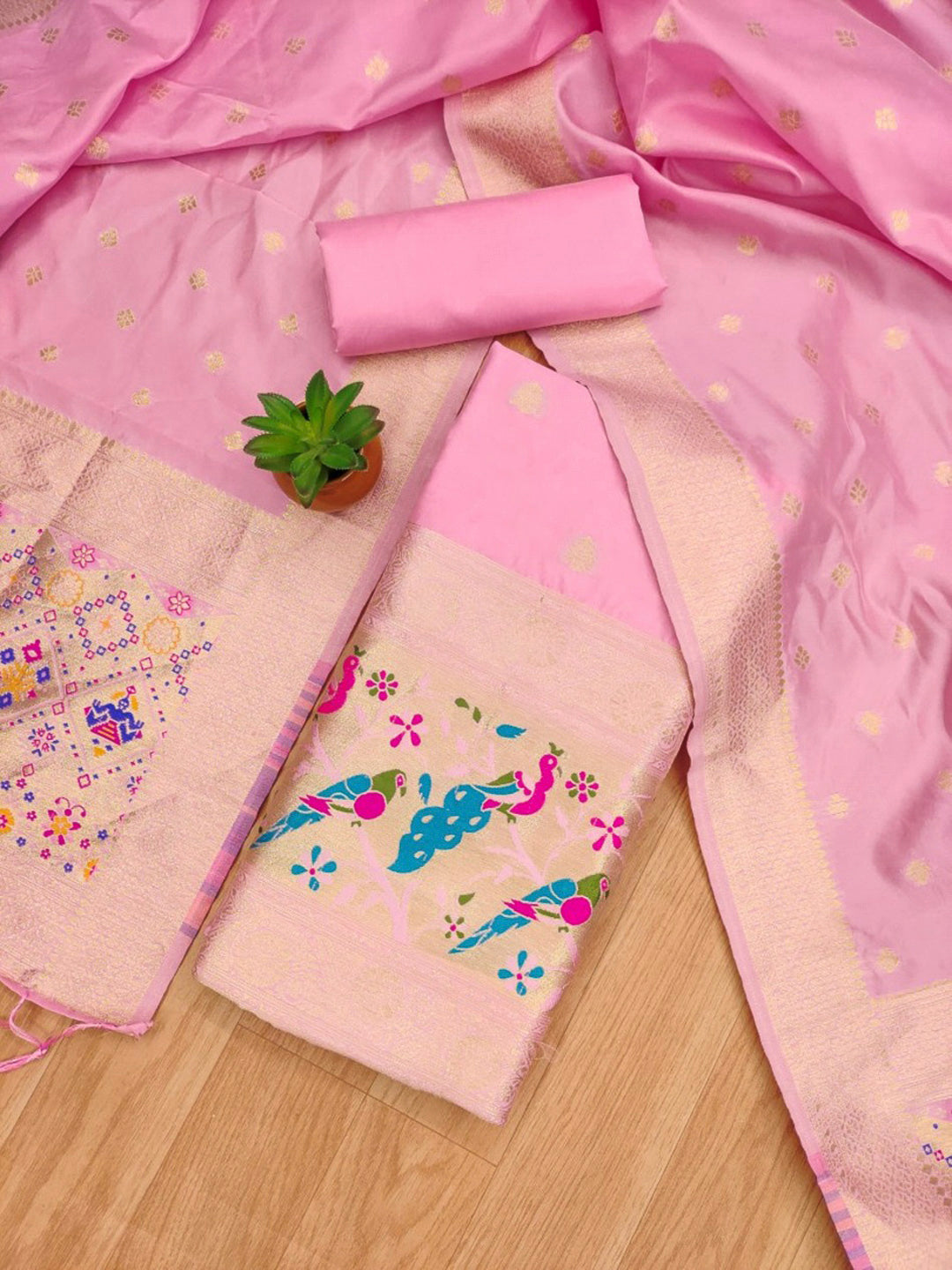 Pink-Lt Pure Soft Banarasi Silk Woven Design Unstitched Dress Material