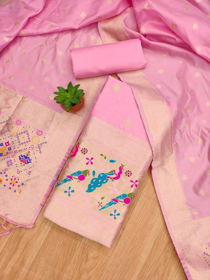 Pink-Lt Pure Soft Banarasi Silk Woven Design Unstitched Dress Material