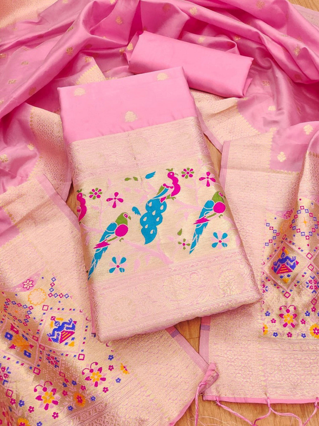 Pink-Lt Pure Soft Banarasi Silk Woven Design Unstitched Dress Material