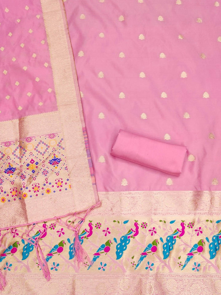 Pink-Lt Pure Soft Banarasi Silk Woven Design Unstitched Dress Material