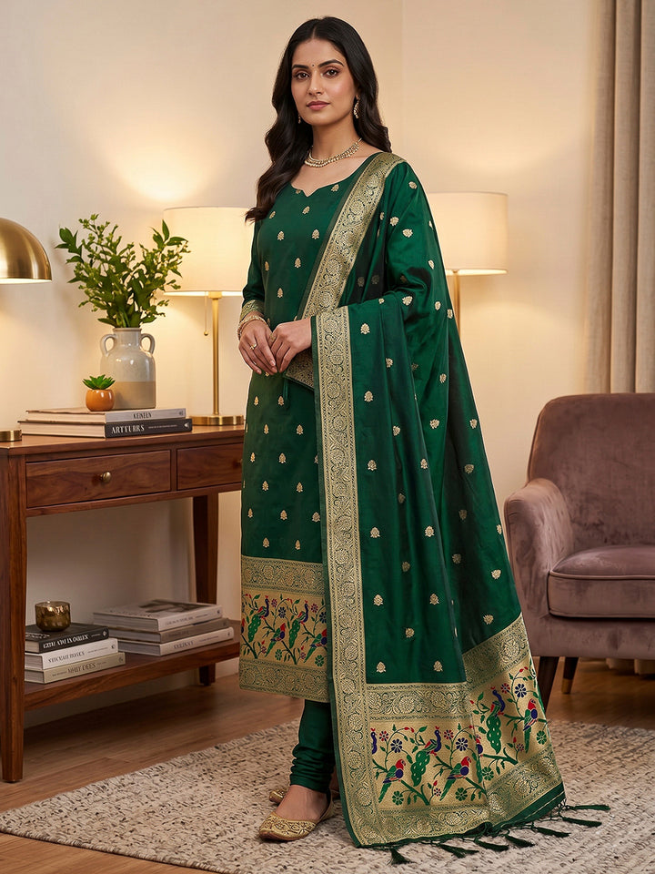Green Pure Soft Banarasi Silk Woven Design Unstitched Dress Material