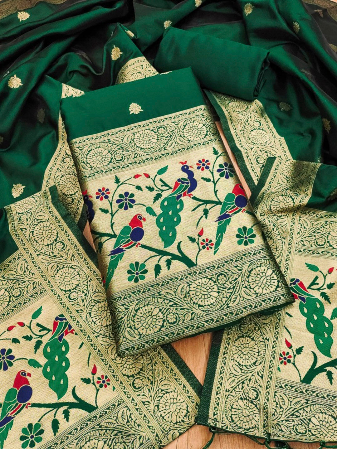 Green Pure Soft Banarasi Silk Woven Design Unstitched Dress Material