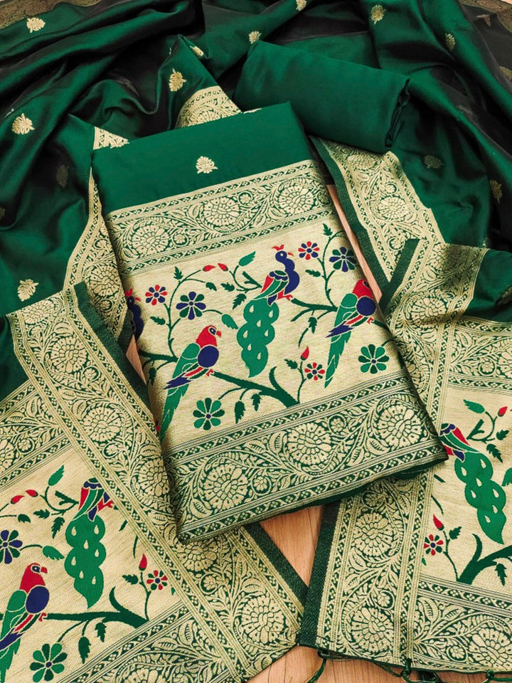 Green Pure Soft Banarasi Silk Woven Design Unstitched Dress Material