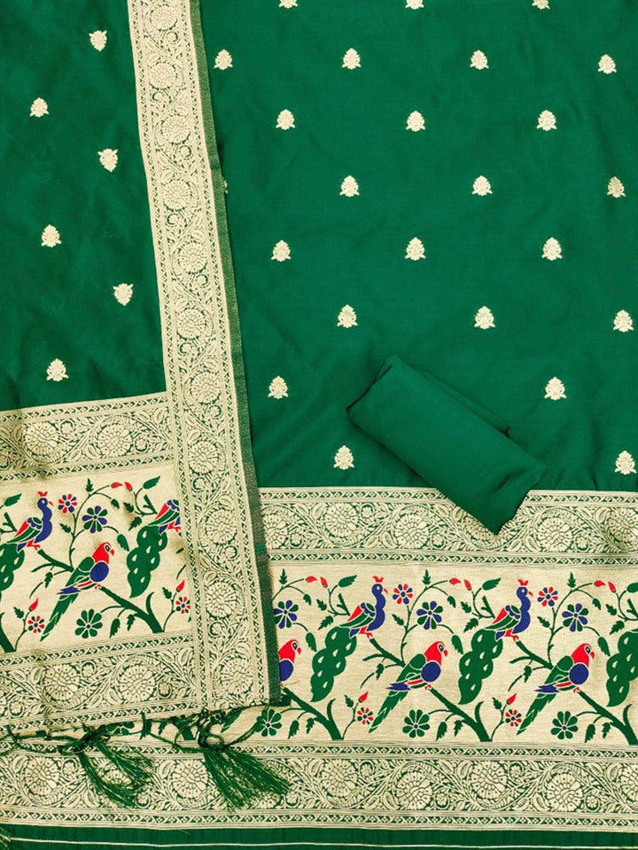 Green Pure Soft Banarasi Silk Woven Design Unstitched Dress Material