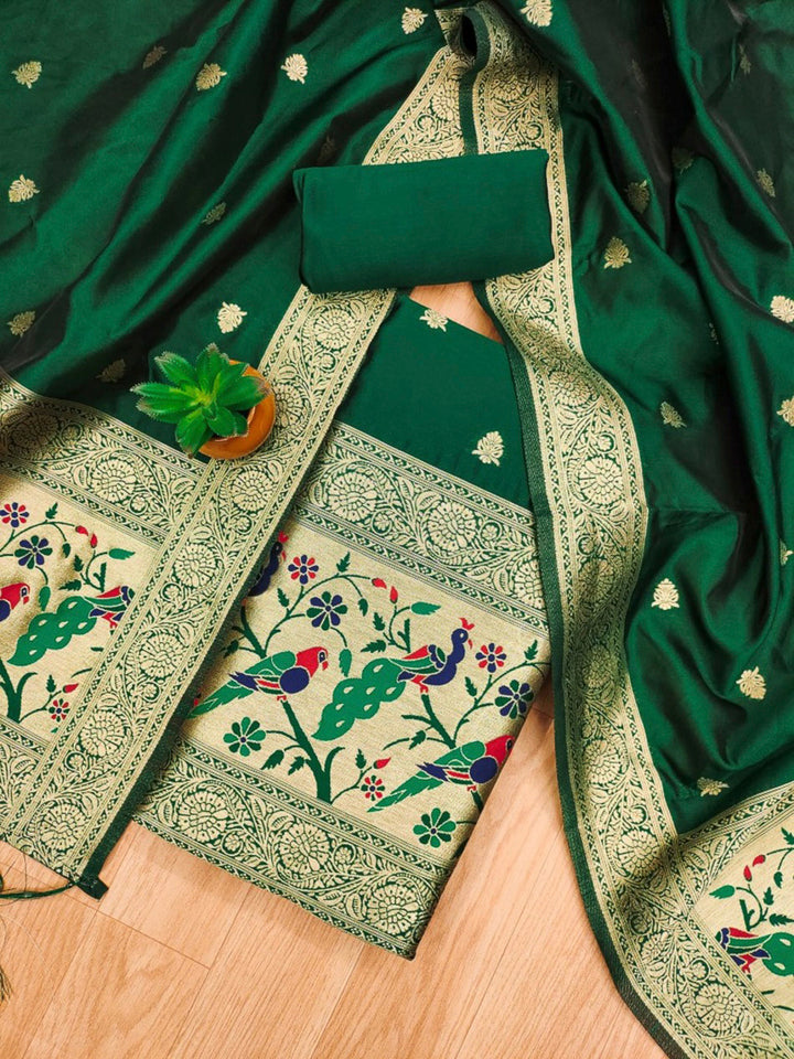 Green Pure Soft Banarasi Silk Woven Design Unstitched Dress Material
