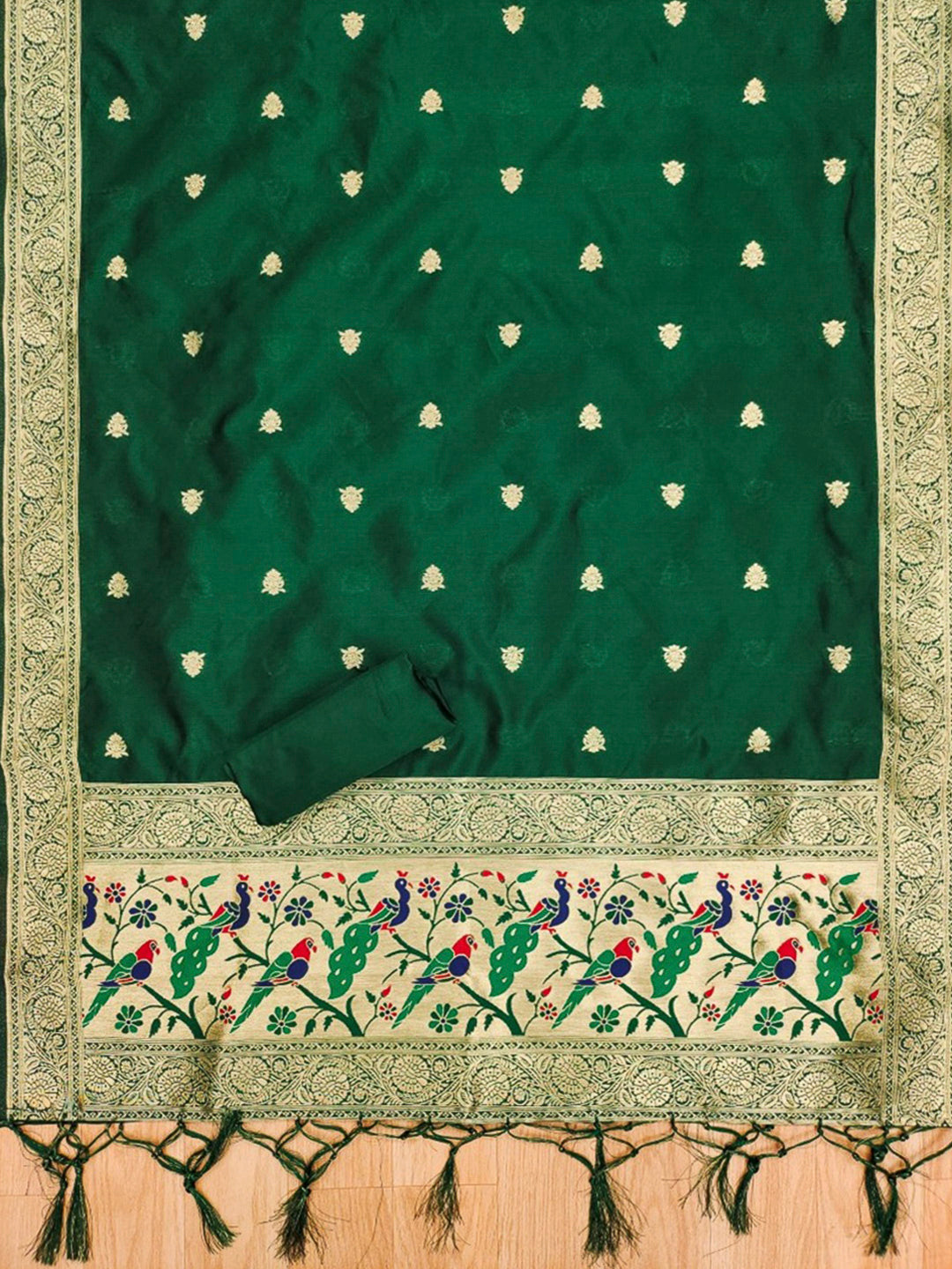 Green Pure Soft Banarasi Silk Woven Design Unstitched Dress Material