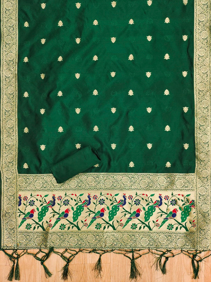 Green Pure Soft Banarasi Silk Woven Design Unstitched Dress Material