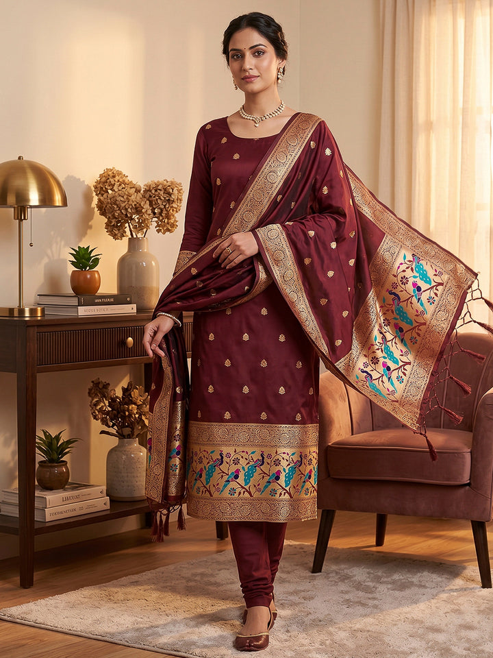 Maroon Pure Soft Banarasi Silk Woven Design Unstitched Dress Material