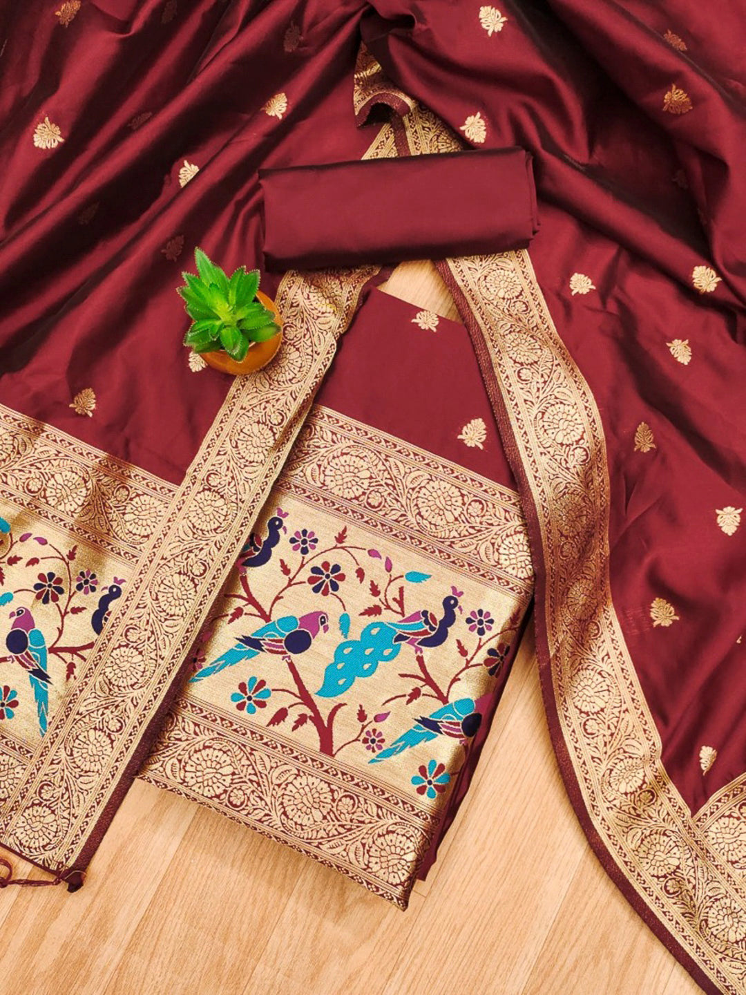 Maroon Pure Soft Banarasi Silk Woven Design Unstitched Dress Material