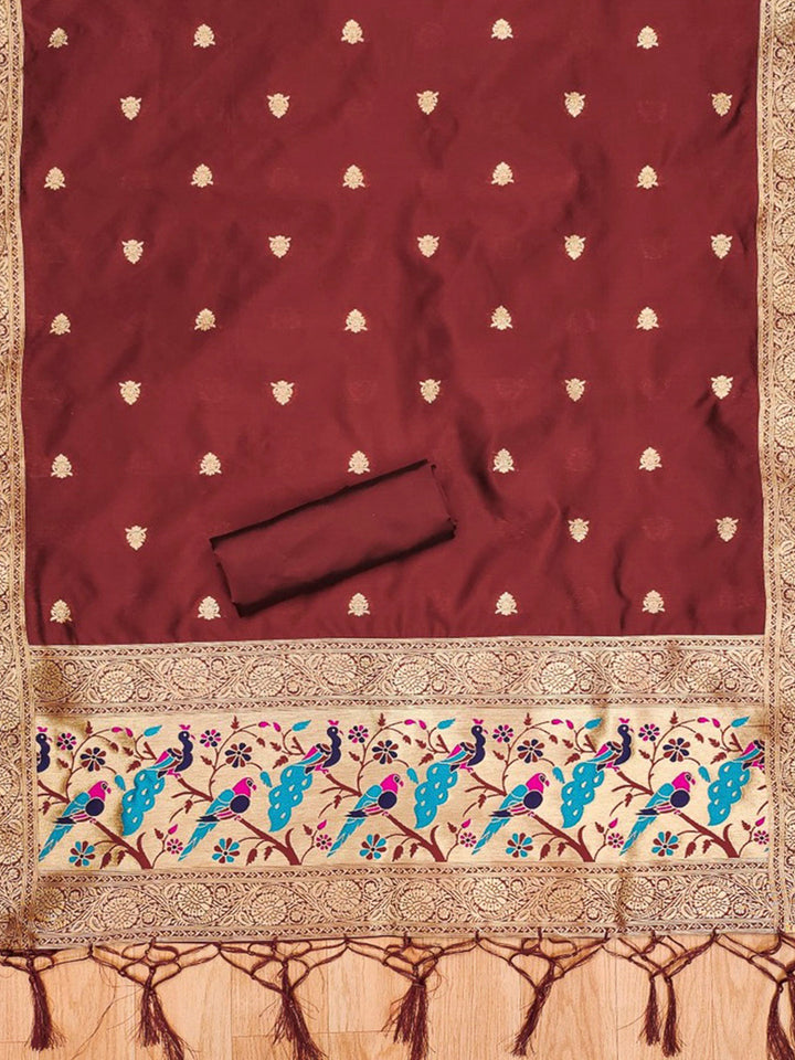 Maroon Pure Soft Banarasi Silk Woven Design Unstitched Dress Material