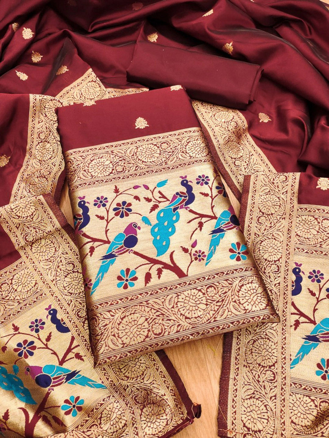 Maroon Pure Soft Banarasi Silk Woven Design Unstitched Dress Material