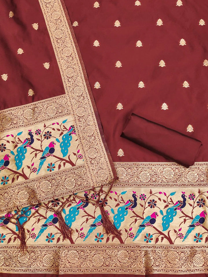 Maroon Pure Soft Banarasi Silk Woven Design Unstitched Dress Material