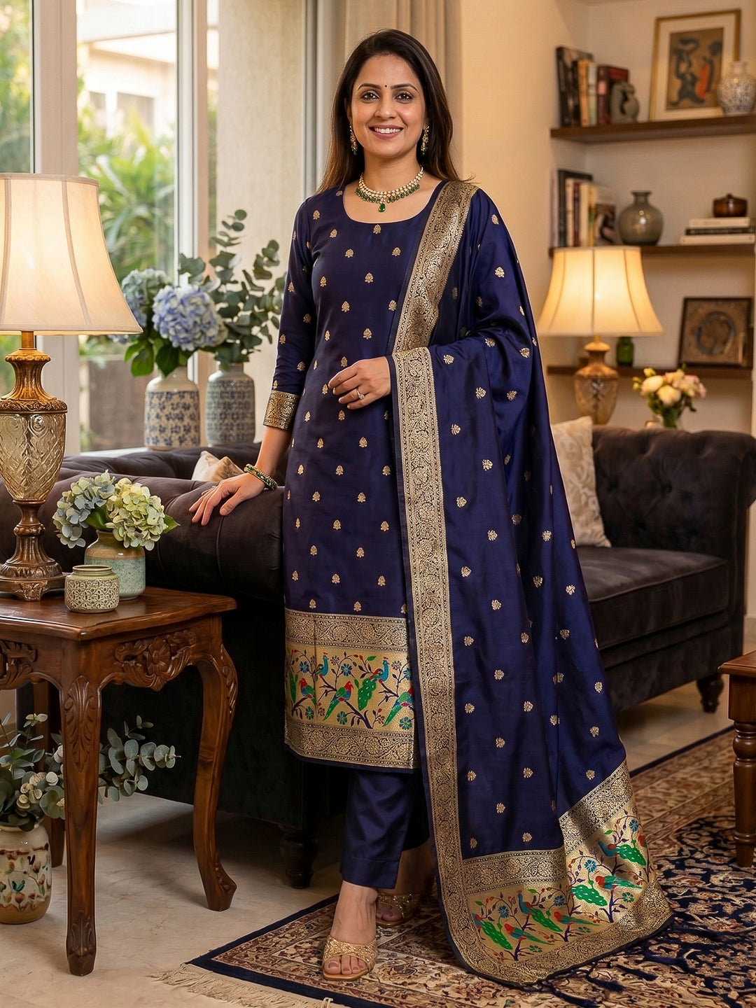 Navy-Blue Pure Soft Banarasi Silk Woven Design Unstitched Dress Material