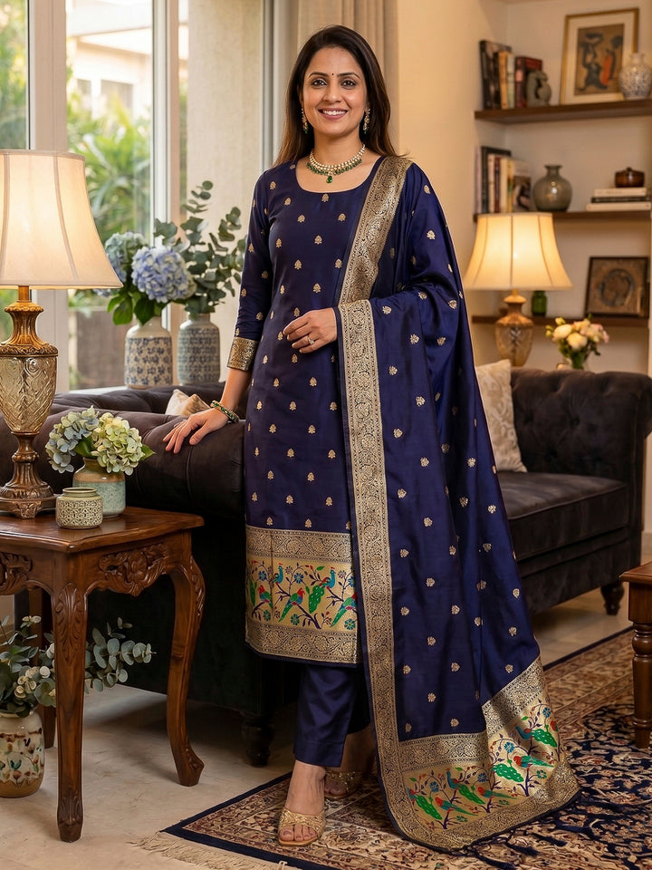 Navy-Blue Pure Soft Banarasi Silk Woven Design Unstitched Dress Material