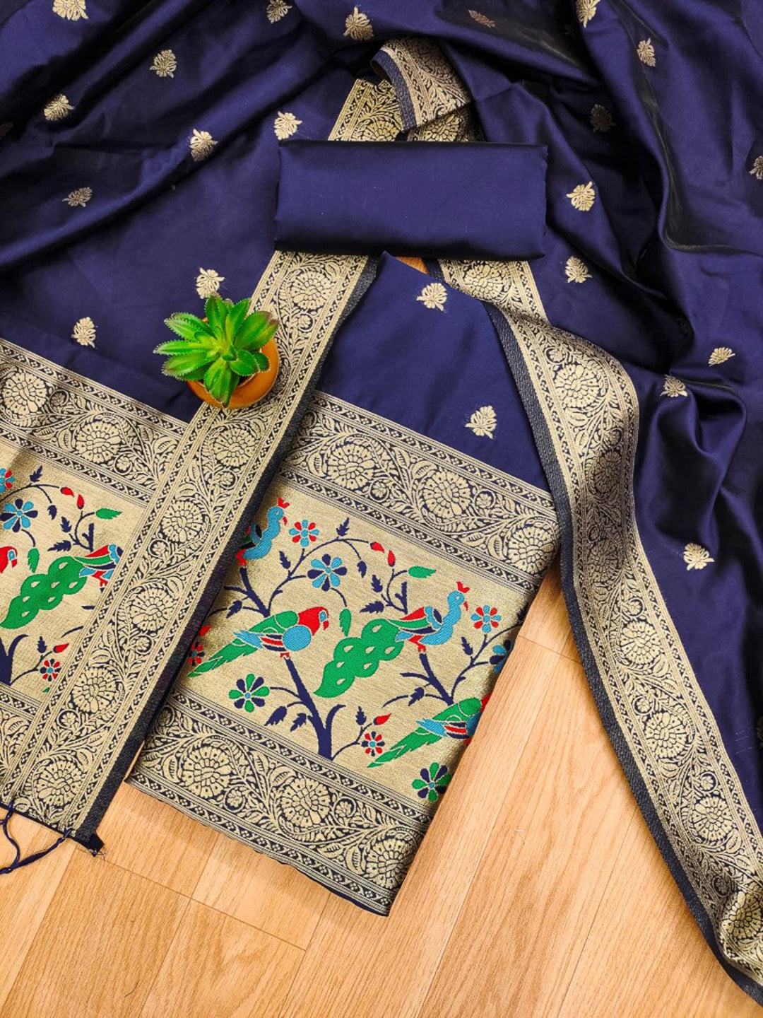 Navy-Blue Pure Soft Banarasi Silk Woven Design Unstitched Dress Material