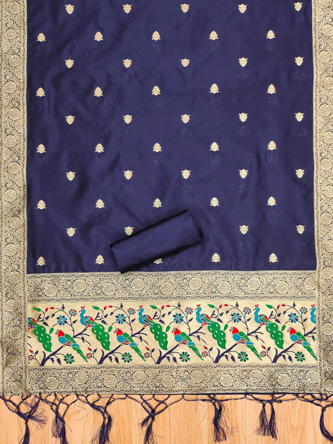Navy-Blue Pure Soft Banarasi Silk Woven Design Unstitched Dress Material