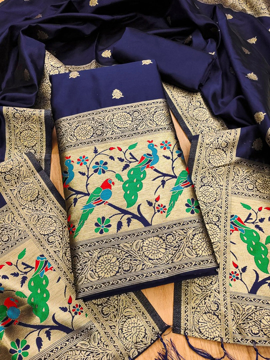 Navy-Blue Pure Soft Banarasi Silk Woven Design Unstitched Dress Material