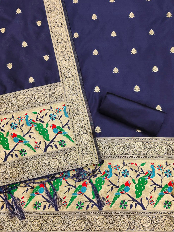 Navy-Blue Pure Soft Banarasi Silk Woven Design Unstitched Dress Material