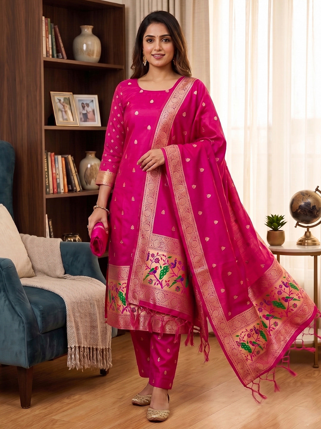 Pink Pure Soft Banarasi Silk Woven Design Unstitched Dress Material