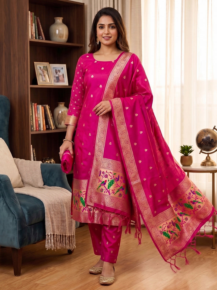 Pink Pure Soft Banarasi Silk Woven Design Unstitched Dress Material