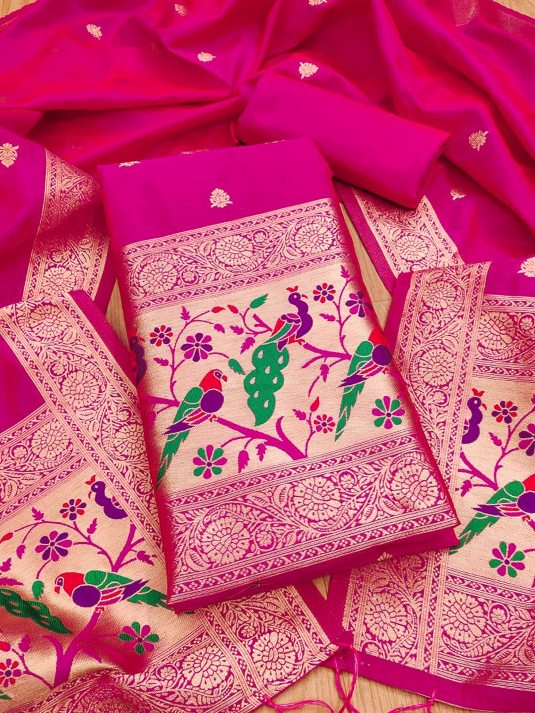 Pink Pure Soft Banarasi Silk Woven Design Unstitched Dress Material