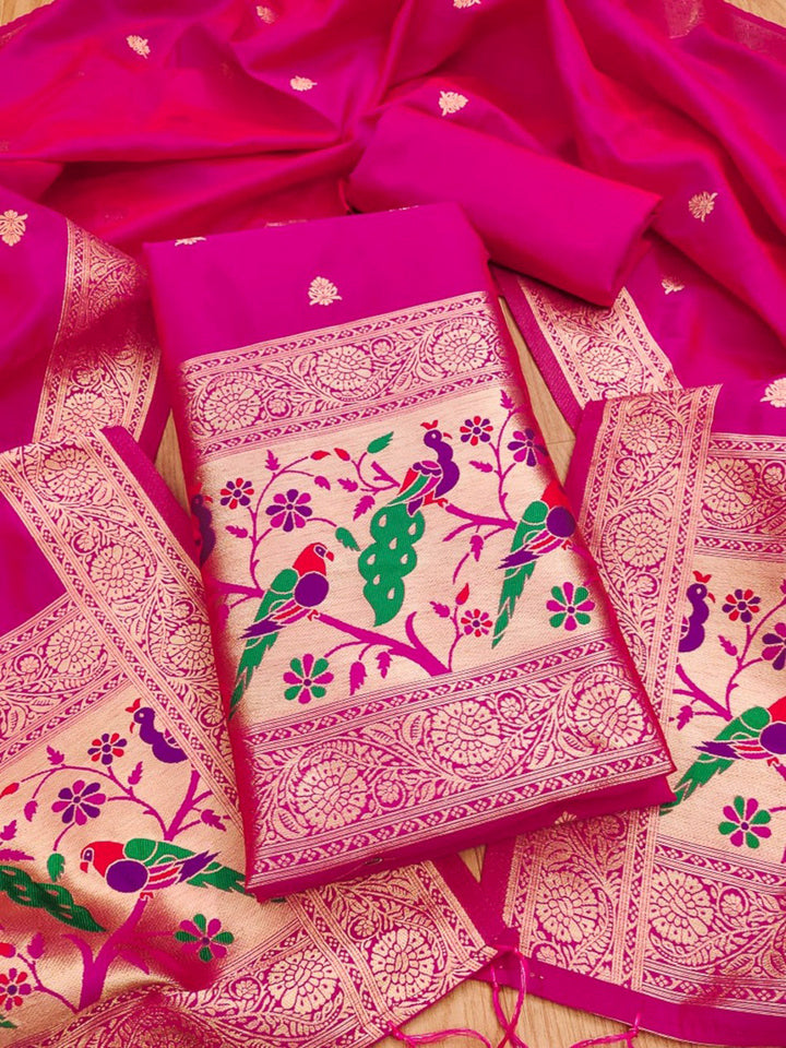 Pink Pure Soft Banarasi Silk Woven Design Unstitched Dress Material