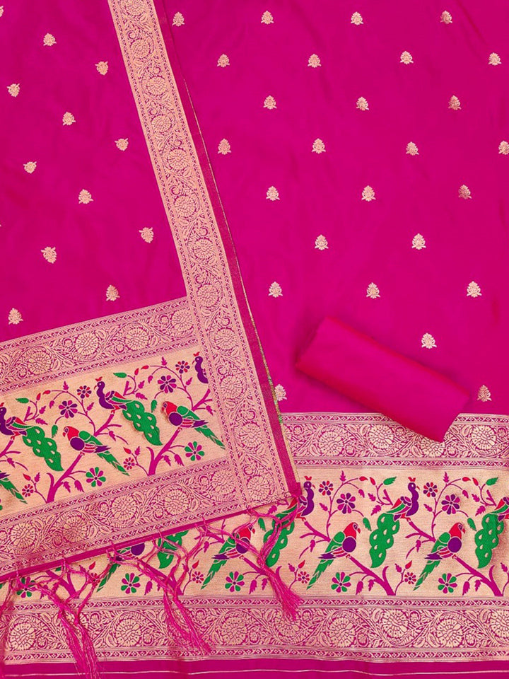 Pink Pure Soft Banarasi Silk Woven Design Unstitched Dress Material