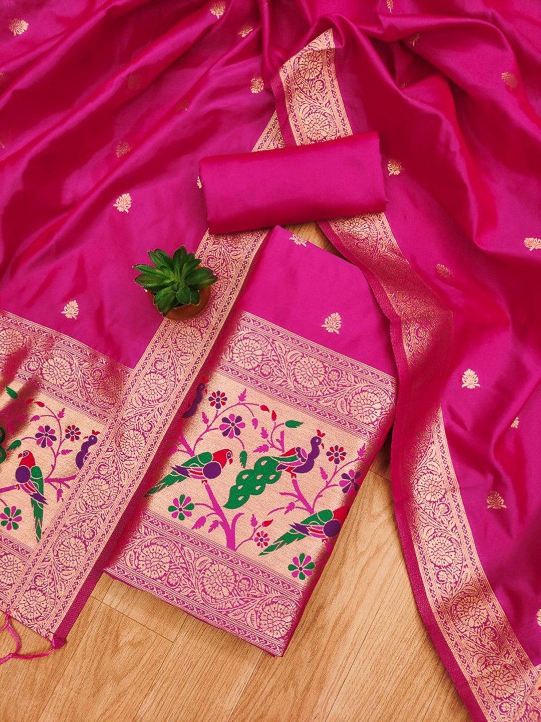 Pink Pure Soft Banarasi Silk Woven Design Unstitched Dress Material