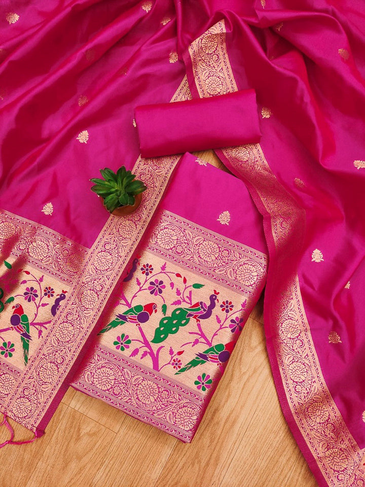 Pink Pure Soft Banarasi Silk Woven Design Unstitched Dress Material