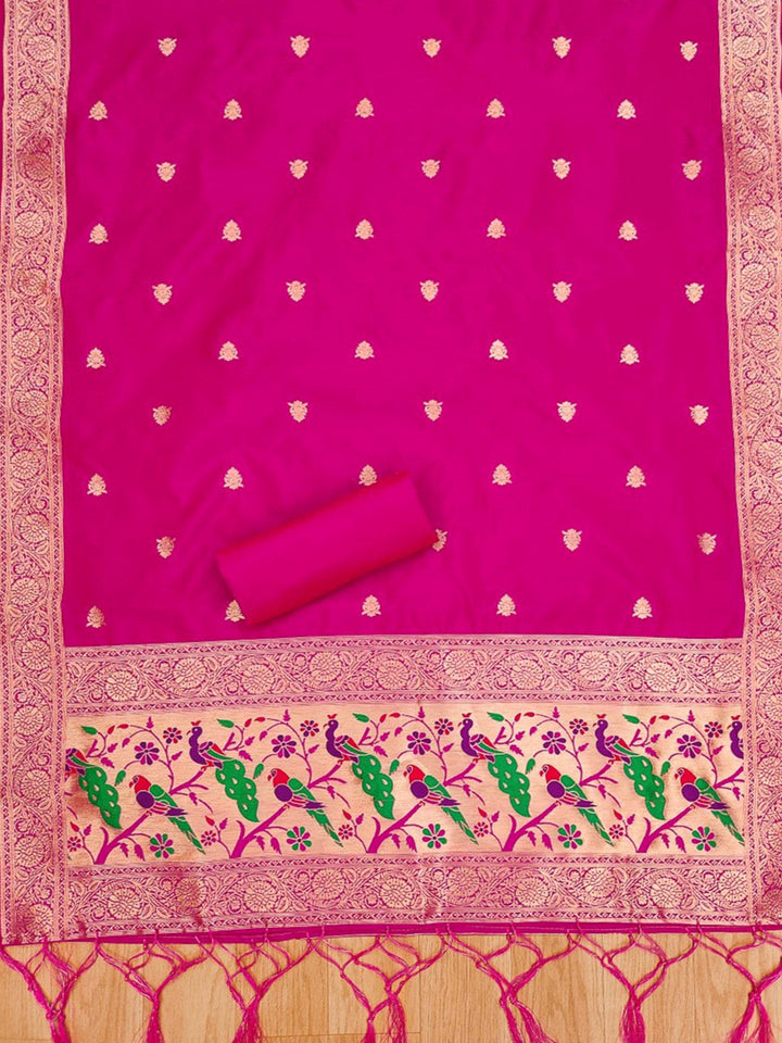 Pink Pure Soft Banarasi Silk Woven Design Unstitched Dress Material
