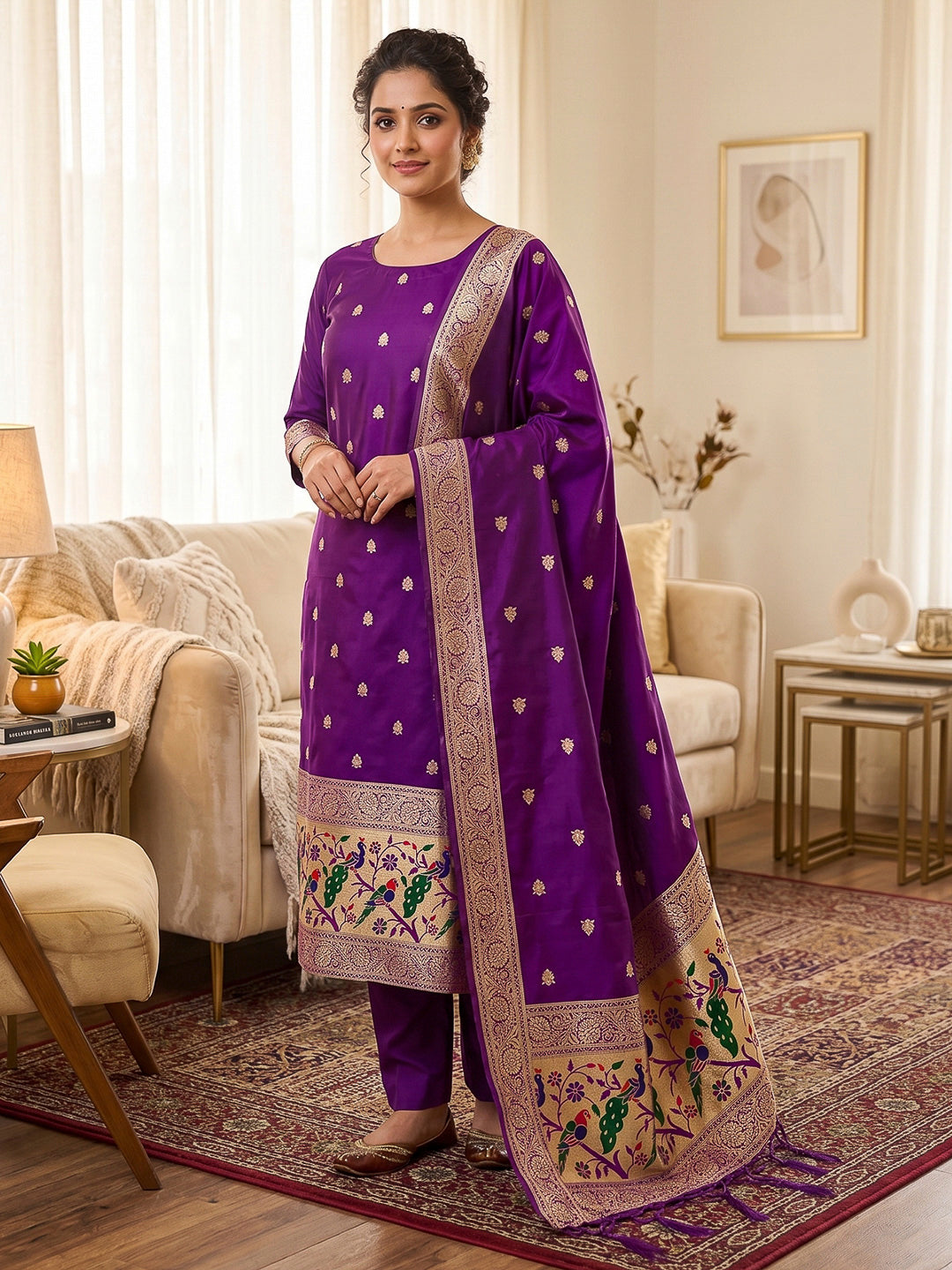 Purple Pure Soft Banarasi Silk Woven Design Unstitched Dress Material