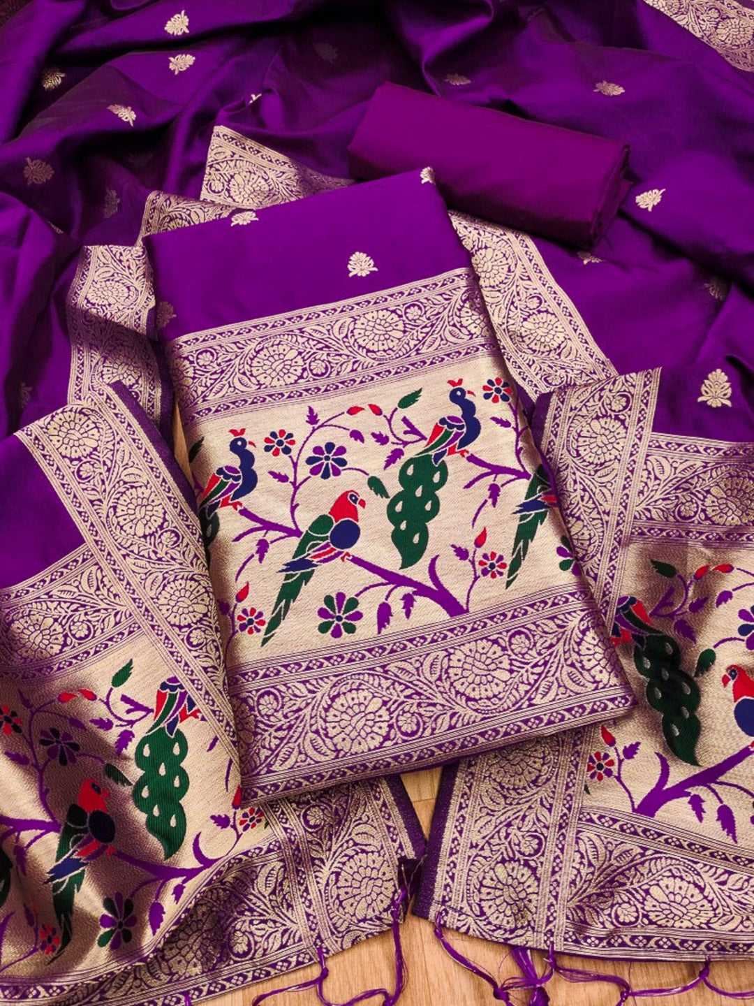 Purple Pure Soft Banarasi Silk Woven Design Unstitched Dress Material