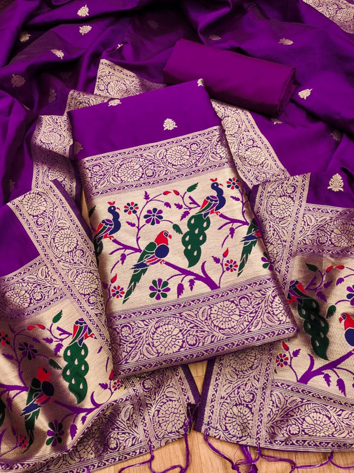Purple Pure Soft Banarasi Silk Woven Design Unstitched Dress Material