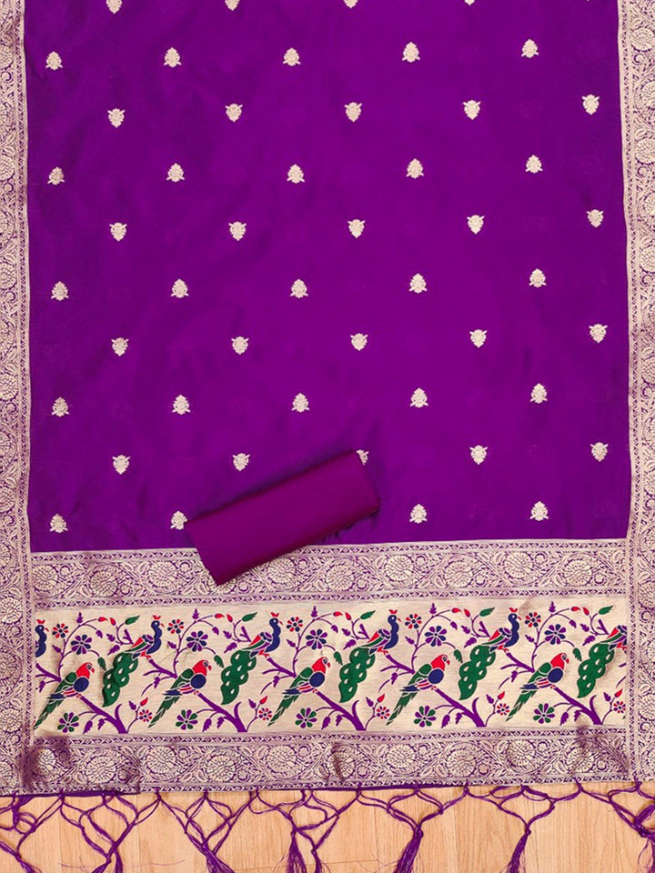 Purple Pure Soft Banarasi Silk Woven Design Unstitched Dress Material