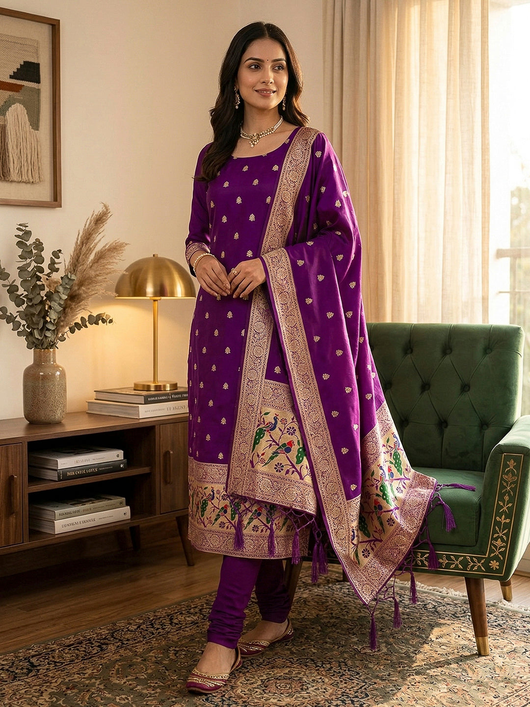 Purple Pure Soft Banarasi Silk Woven Design Unstitched Dress Material