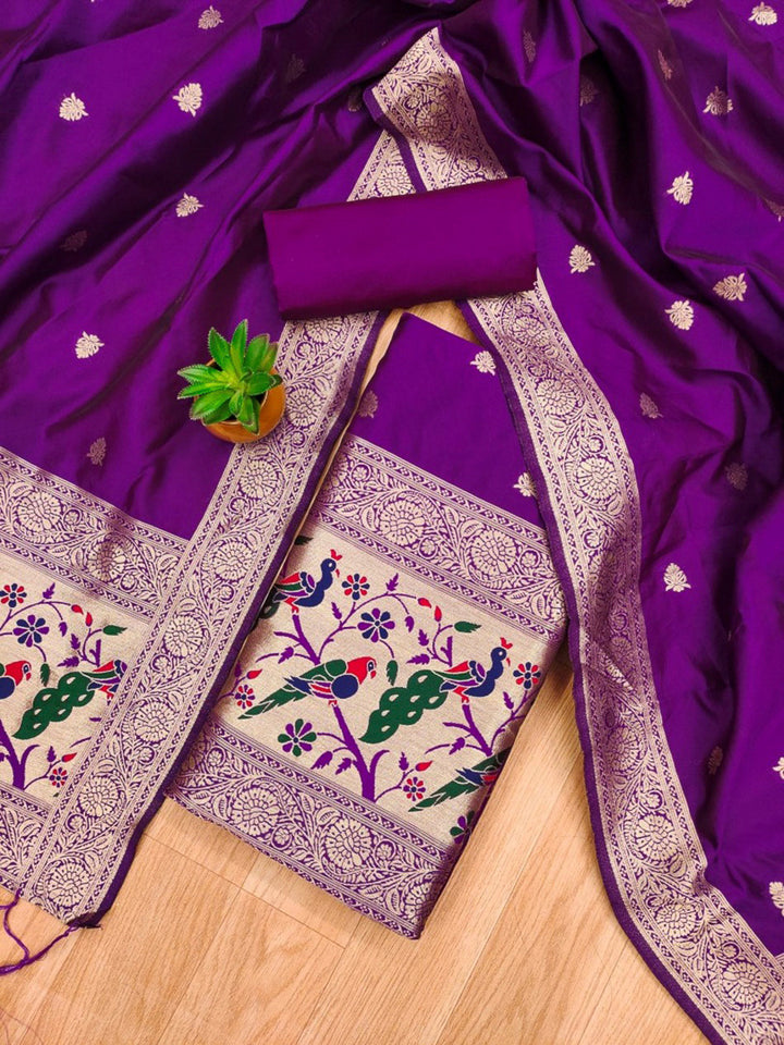 Purple Pure Soft Banarasi Silk Woven Design Unstitched Dress Material