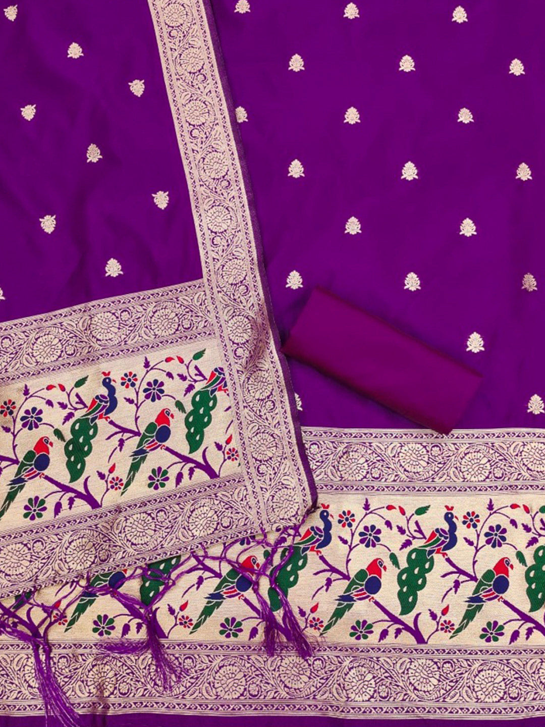 Purple Pure Soft Banarasi Silk Woven Design Unstitched Dress Material