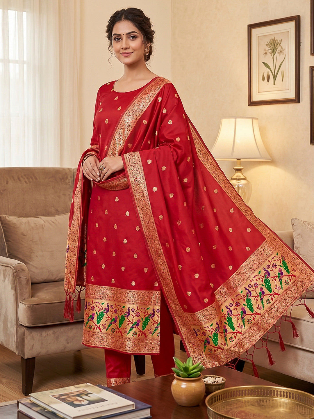 Red Pure Soft Banarasi Silk Woven Design Unstitched Dress Material